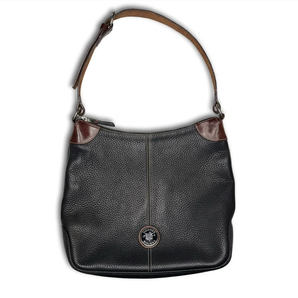Vintage Dooney & Bourke Shoulder Bag Pebbled Leather Black Brown Hobo Large USA